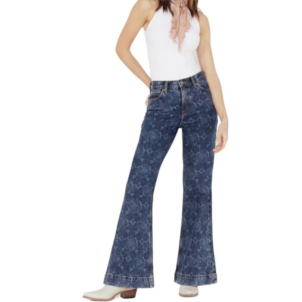 Lee Mid Rise Drop Flare Floral Print Blue Jeans Size 29 NEW
